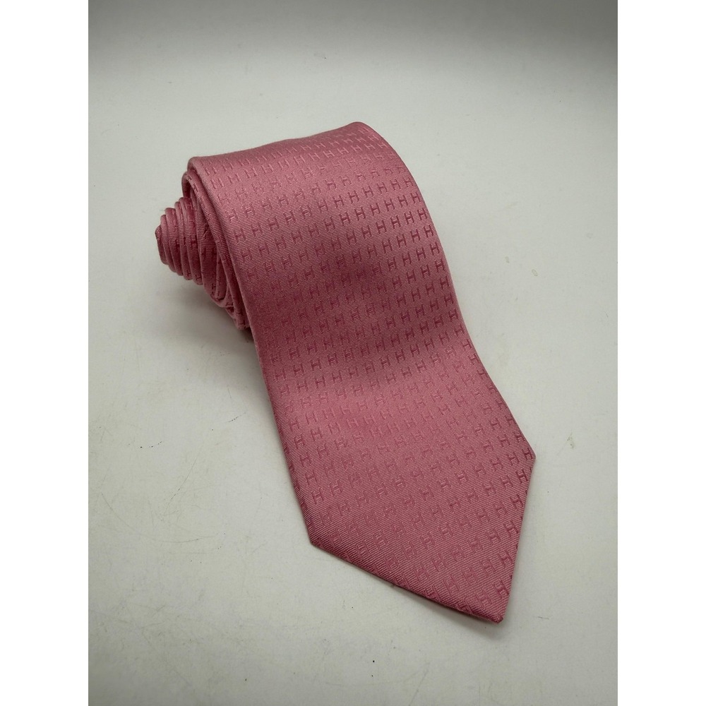 Hermes Tie Mens One Size Pink H Logo‎ 100% Silk Twill Jacquard Classic Designer